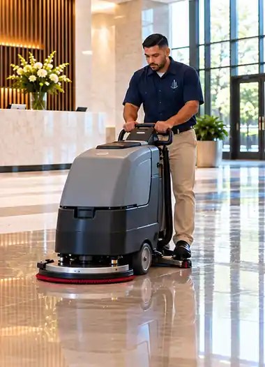 FI Cleaning crew member in a navy uniform with the company logo, operating a floor scrubber across a polished stone lobby floor