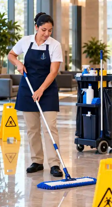 FI Cleaning crew member in a navy apron with the company logo, mopping a polished lobby floor beside an organized cleaning cart and wet-floor signs