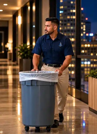 FI Cleaning crew member in a navy uniform with the company logo, rolling a clean trash barrel through a lit office hallway at night